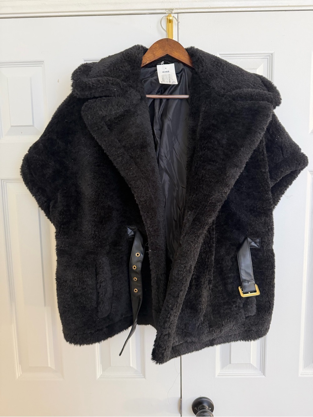 Black Faux Shearling Coat with Belt Details - Women